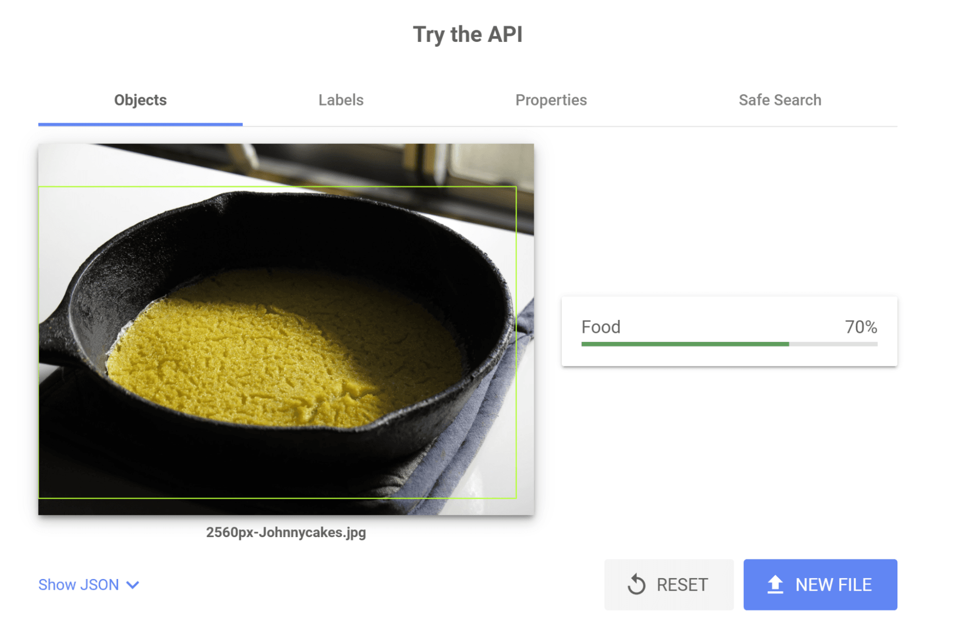 Google API interpreting an image of a johnny cake in a cast iron frying pan