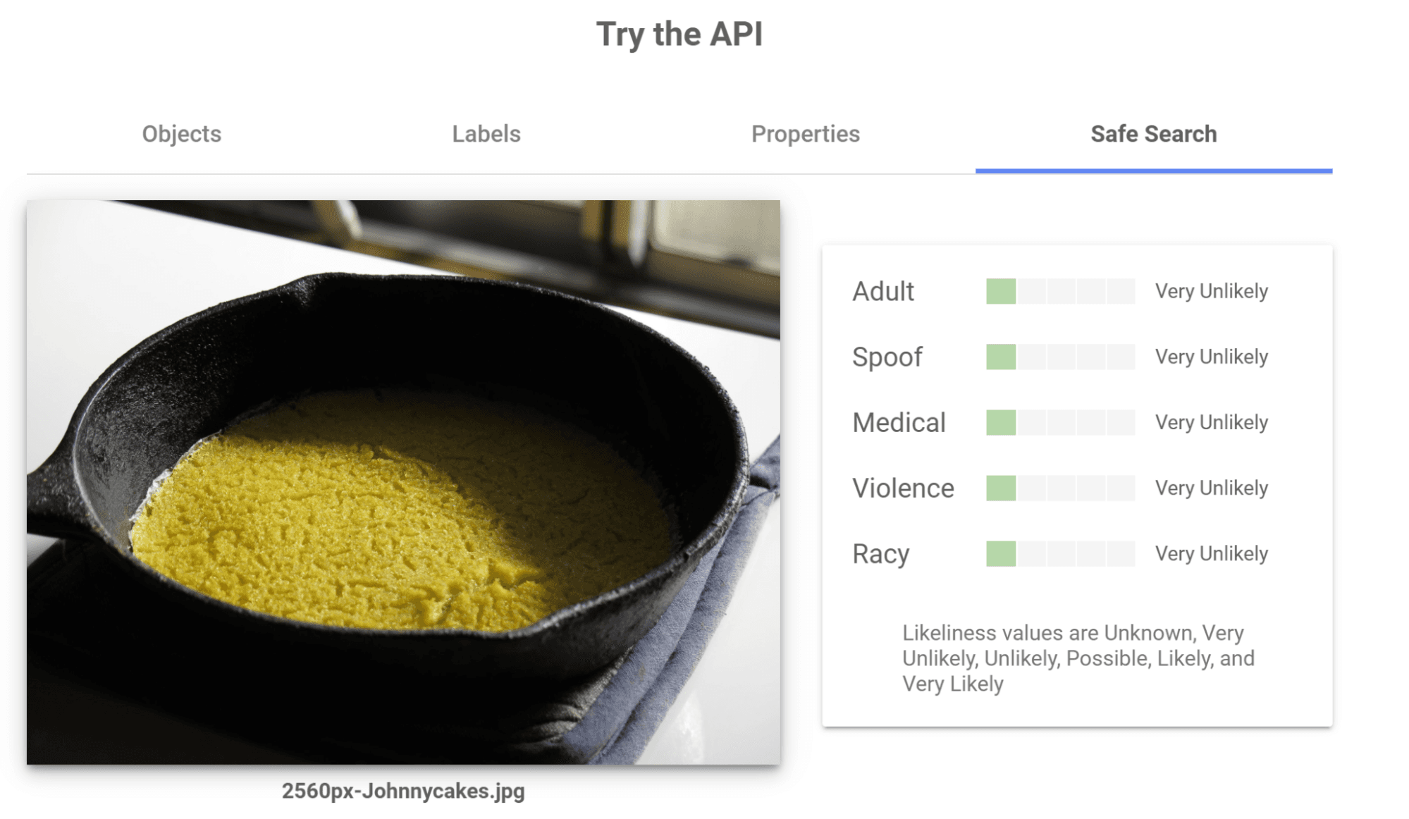 Google API interpreting an image of a johnny cake in a cast iron frying pan