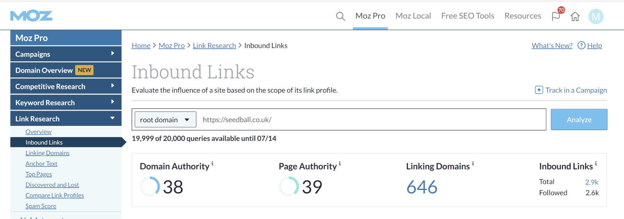 the Moz Link Explorer dashboard, showing data about links earned by domain