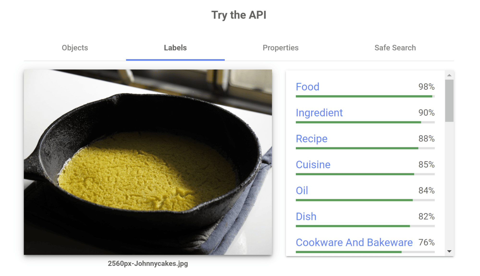 Google API interpreting an image of a johnny cake in a cast iron frying pan