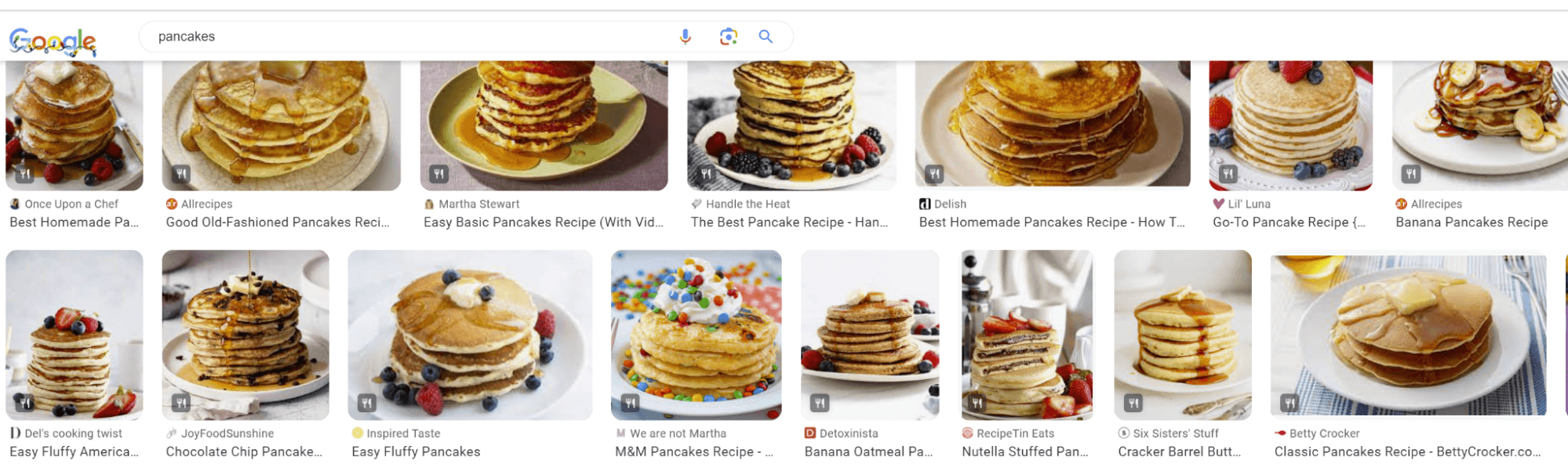 A screenshot of Google's Image results for the search term "pancakes" shows that all the top results have an image of stacked pancakes.