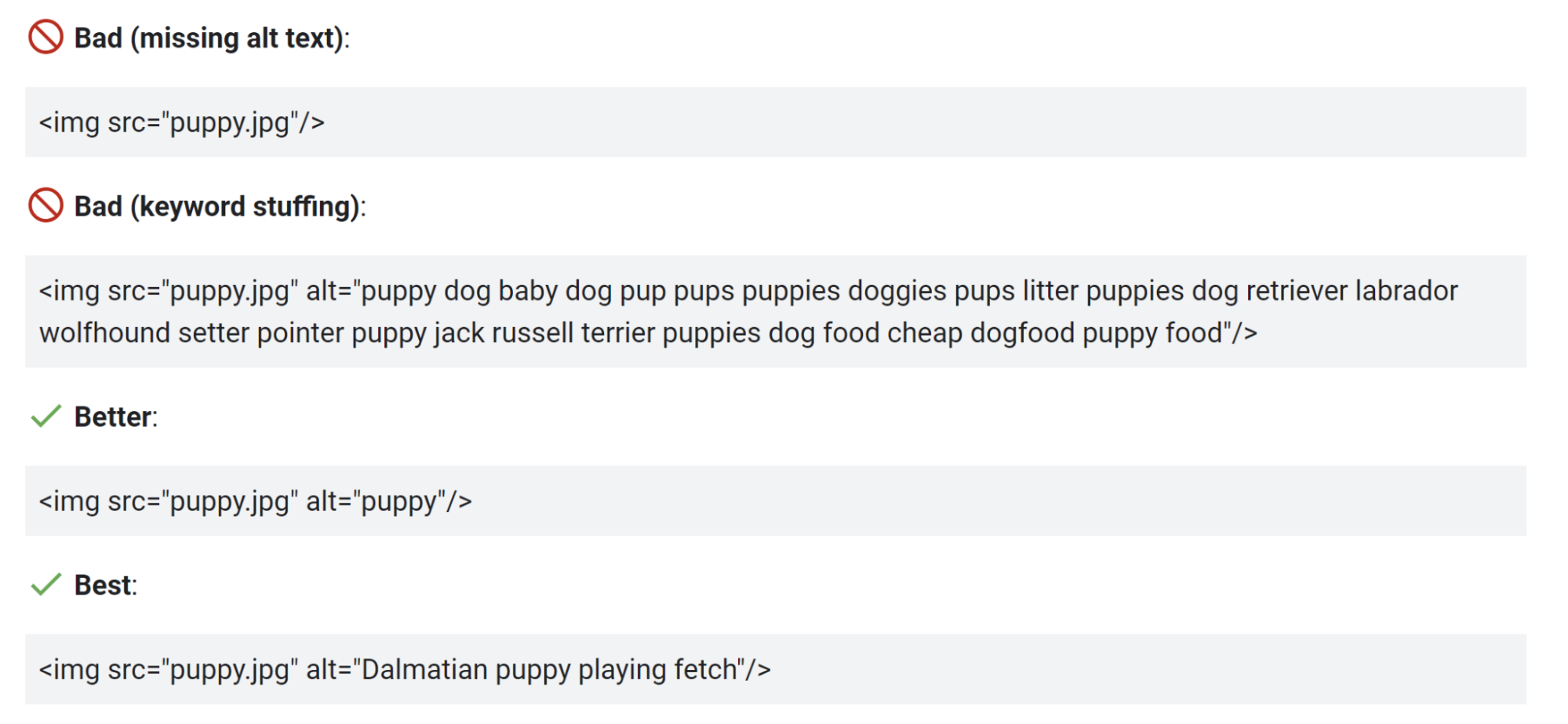 Results from Google's tool examples of bad, better, and best alt text