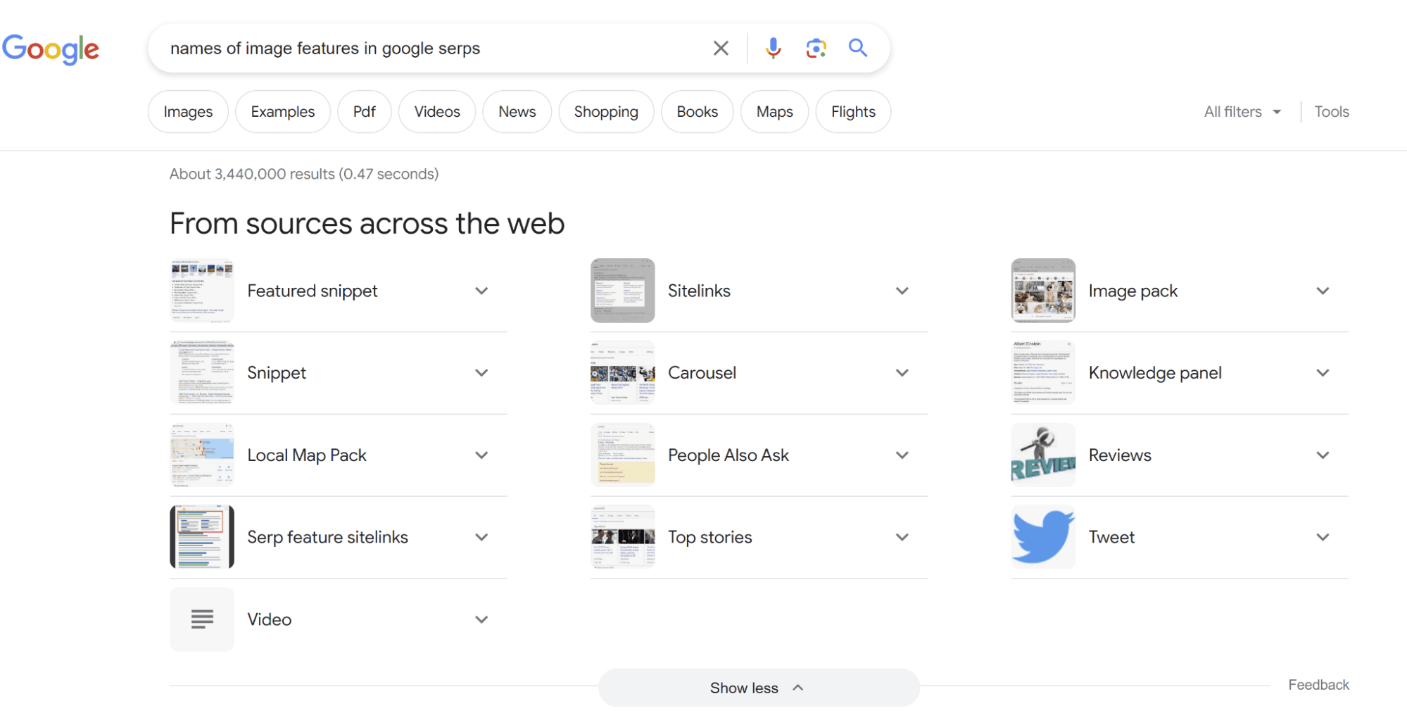 serp feature showing a range of sources across the web