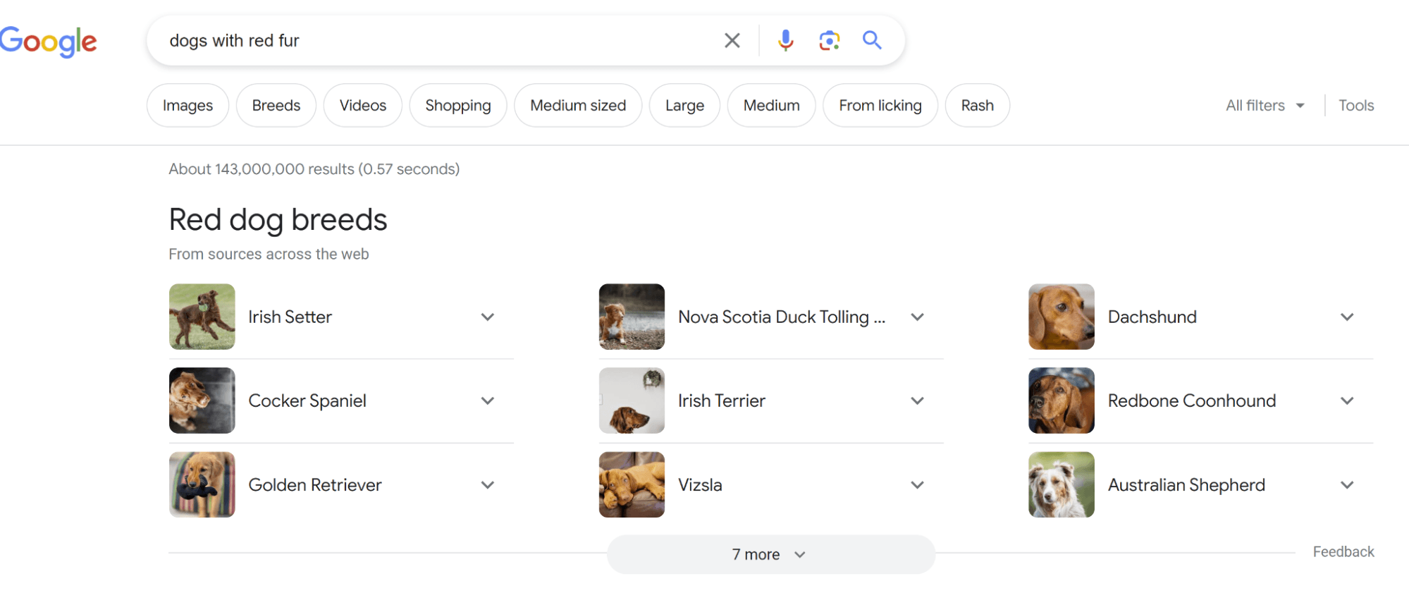 Sources from search with the example of dog breeds