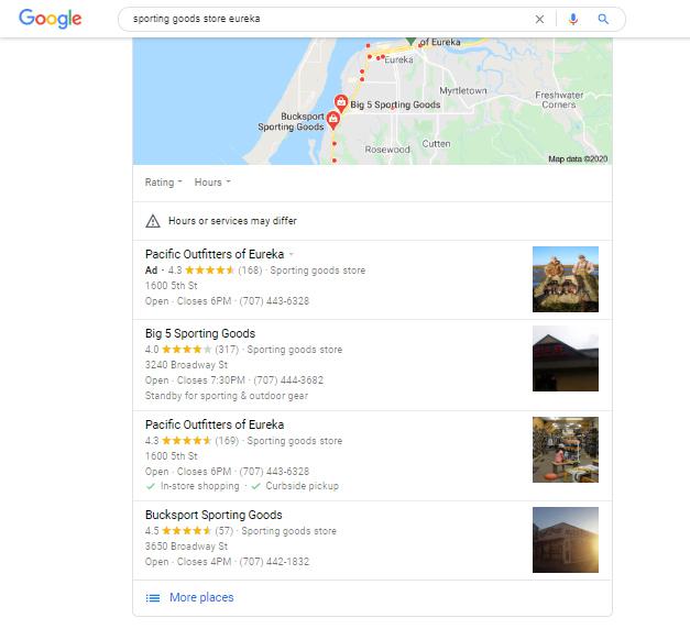 Google SERP for keyword: sporting goods store eureka
