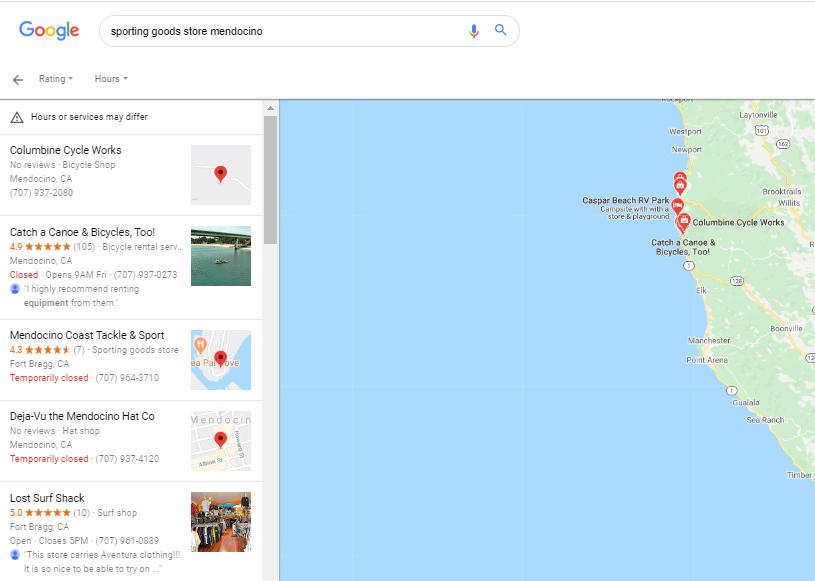 Google local finder results for keyword: sporting goods store mendocino