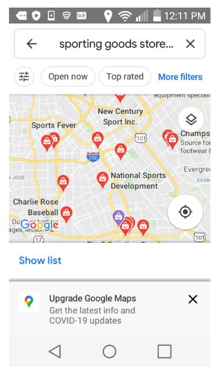 Sporting goods Google Maps results