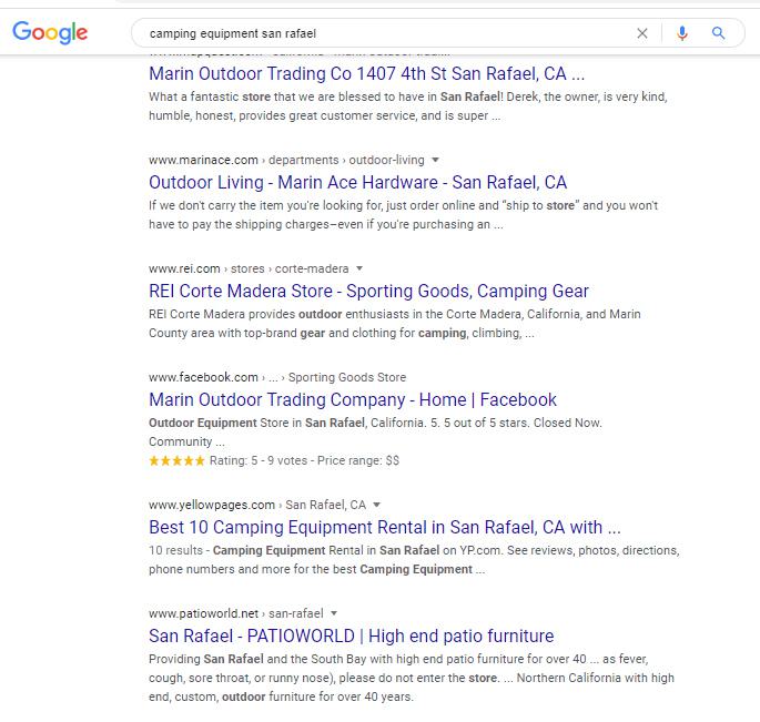 Google SERP for keyword: camping equipment san rafael.