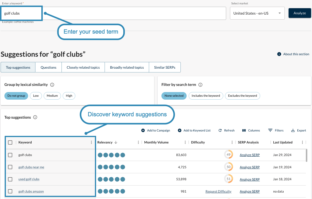 screenshot of keywords explorer showing keyword suggestions based on seed word 'golf clubs'