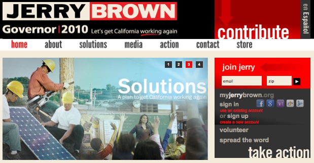 Social sharing on Jerry Brown's home page - no Twitter