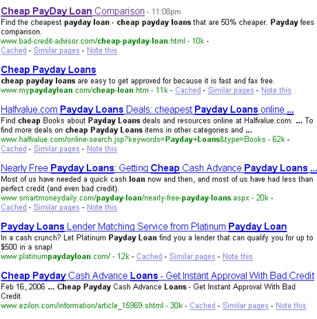 Cheap Payday Loans SERPs at Google